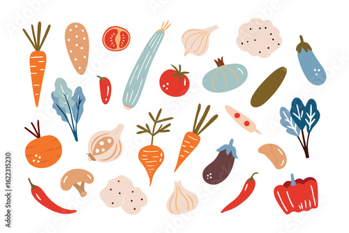Assorted Fresh Vegetables Illustration: A vibrant assortment of fresh, healthy vegetables is artfully arranged, each piece bursting with color and representing the essence of natural nutrition.