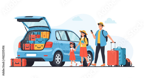 Family Adventure: Illustrated Scene of a Family Preparing for a Road Trip Filled With Anticipation and Excitement to Begin Their Journey