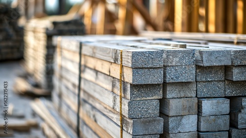 A stack of wooden planks on a construction site with a blurred background.