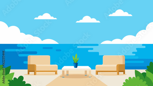 Sunny Ocean View with Clear Sky Vector Illustration