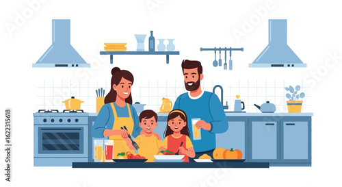 Happy Family Preparing a Healthy Meal Together in a Modern Kitchen Interior Setting