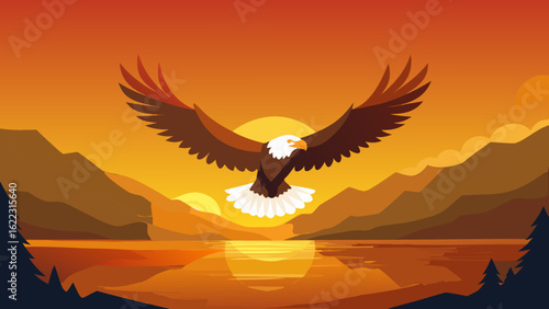 Bald Eagle Soaring Over Shimmering Lake View