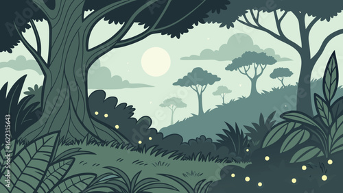 Enchanting forest scene with mystical glow and serene moonlit atmosphere.