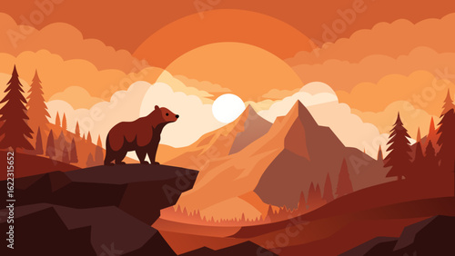Brown Bear Standing on Rocky Cliff Edge