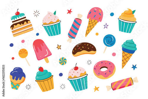 Sweet Delights Collection: A vibrant array of delectable sweets, featuring ice cream, cake, and cupcakes, each a visual feast for the eyes and a treat for the sweet tooth.