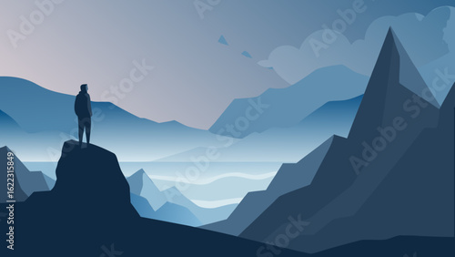 Silhouetted Figure on Rocky Promontory