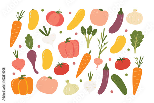 Vibrant Vegetable Collection: A cheerful collection of hand-drawn vegetables, including carrots, tomatoes, bell peppers, eggplant, and more, arranged in a playful pattern against a white background.