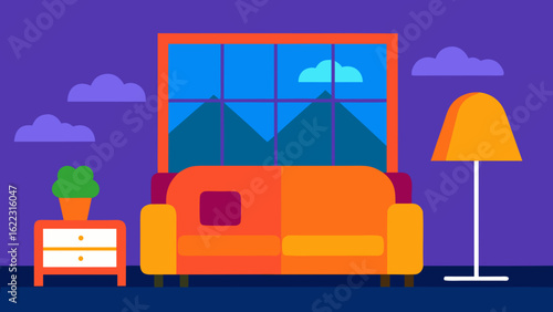 Cartoon Living Room with Orange Sofa