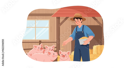 Joyful farmer distributing feed to a group of playful pigs in a rustic barnyard scene depicting rural farm life and animal care during feeding time