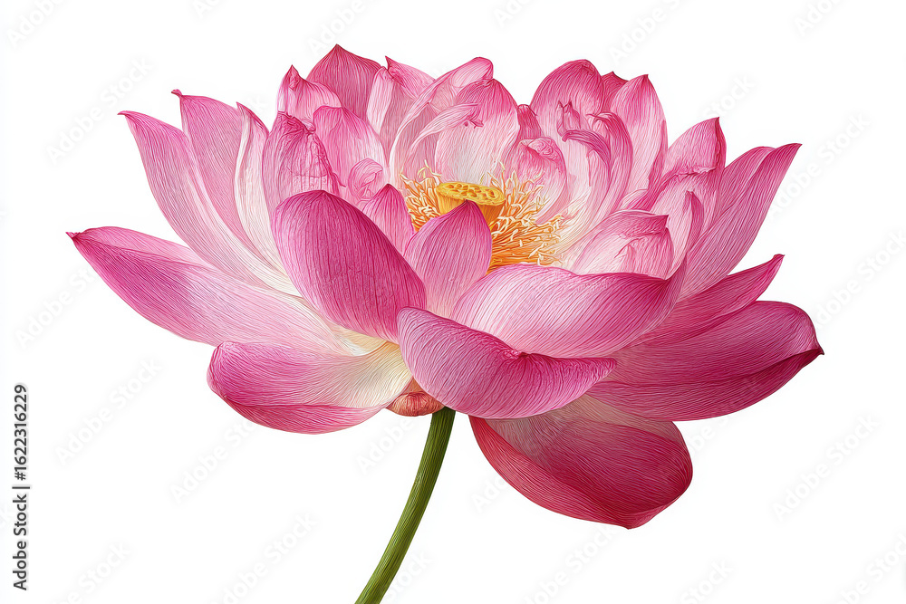 Single pink seroja (lotus) flower in full bloom, high-detail layered petals, sharp focus on floral structure, isolated on pure white background, photorealistic botanical style, no text, no branding Single pink seroja (lotus) flower in full bloom, high-detail layered petals, sharp focus on floral structure, isolated on pure white background, photorealistic botanical style, no text, no branding