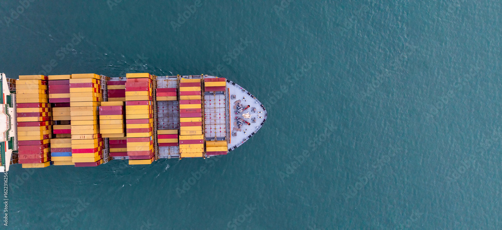 Fototapeta premium Aerial view container ship cargo freight shipping international, Global business freight shipping import export logistic transportation container ship, Container ship cargo sea freight container ship.