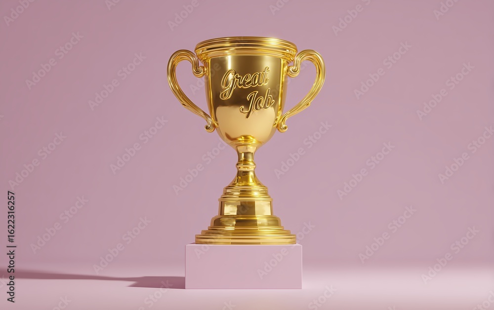 Fototapeta premium Golden trophy with “Great Job” engraved, displayed on pink background