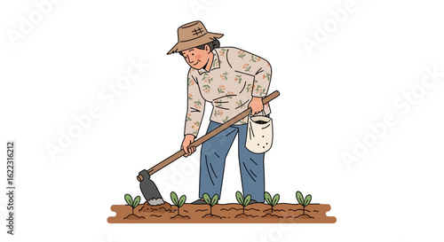 Dedicated farmer working in the field under the sun with traditional tools, nurturing small crops and cultivating for future harvest and