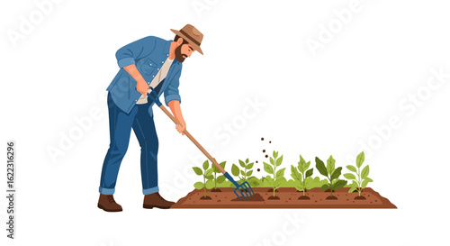 Agricultural Scene Depicting a Farmer Tending to Young Crops in a Rural Field with a Hand Tool