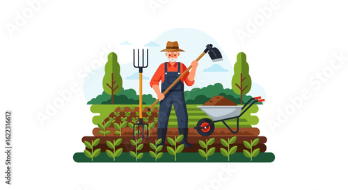 A Dedicated Farmer Poses in His Field, Ready for Work with His Tools, Reflecting a Commitment to Sustainable Agriculture and Cultivating the Land