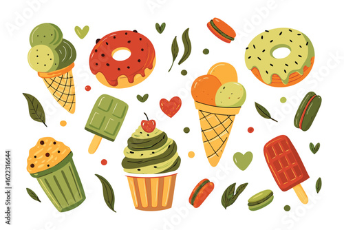 Sweet Temptations: A vibrant and appetizing array of colorful donuts, ice cream, cupcakes, and macaroons, arranged playfully to entice and delight with visual appeal.