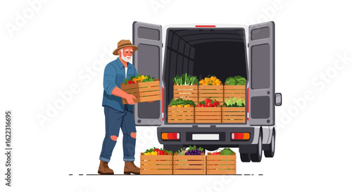 Local Farmer Loading Fresh Harvested Vegetables into Delivery Van at a Country Farm for Farmers Market
