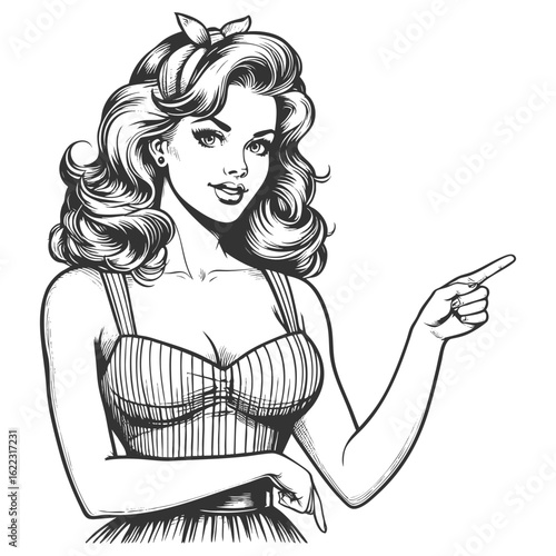 confident woman with voluminous hair pointing sideways, ideal for directing attention in designs sketch engraving generative ai fictional character vector illustration. Scratch board. Black and white.