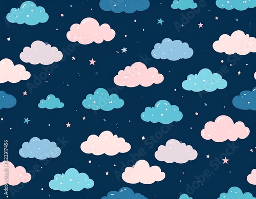 A repeating pattern of pastel clouds and stars on a dark blue background