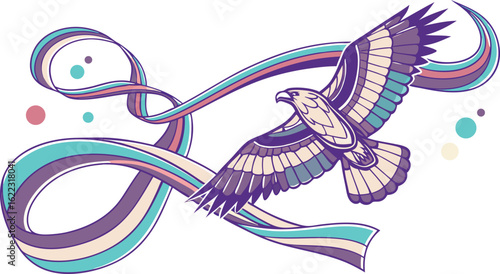 trail eagle soars through swirling ribbons, symbolizing freedom and ambition in dynamic flight..