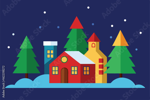 christmas card with houses and trees