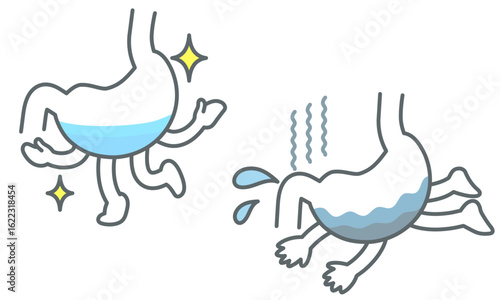 元気な胃と疲れた胃のイラスト