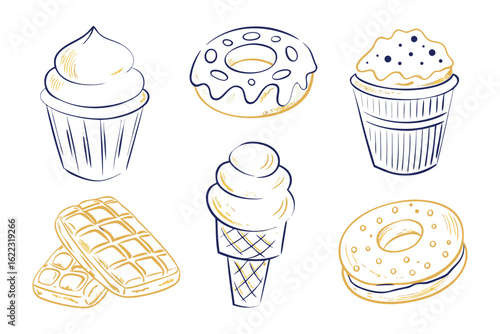 Sweet Delights Sketch: An artful sketch showcases an array of classic desserts, capturing their tempting forms in a delightful and creative composition.