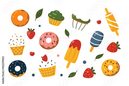 Sweet Treats Symphony: A delightful assortment of delectable sweets and treats are scattered across a surface, offering a visual feast that celebrates the pleasure of dessert.