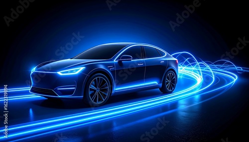 Futuristic electric car on glowing pathways
