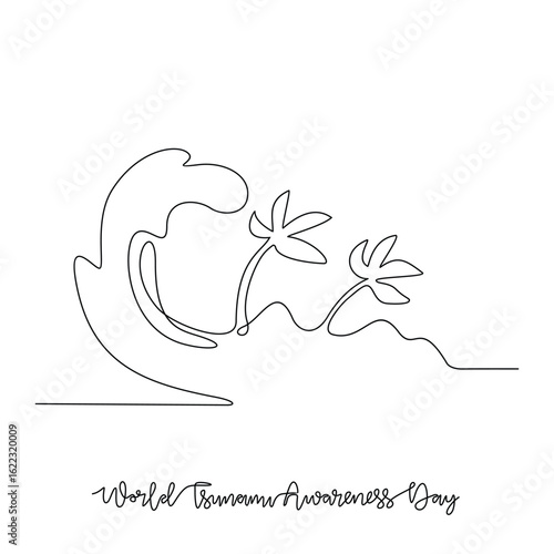 One continuous line drawing of World Tsunami Awareness Day vector illustration. World Tsunami Awareness Day themes design concept in simple linear continuous line. Great design for social campaign.