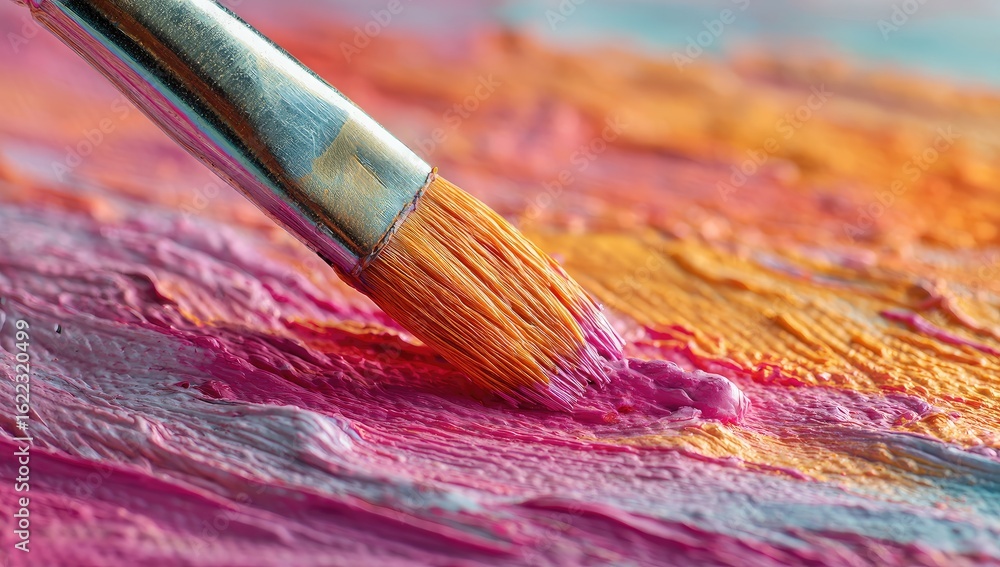 Fototapeta premium Close-up of a paintbrush applying vibrant, textured colors to a canvas
