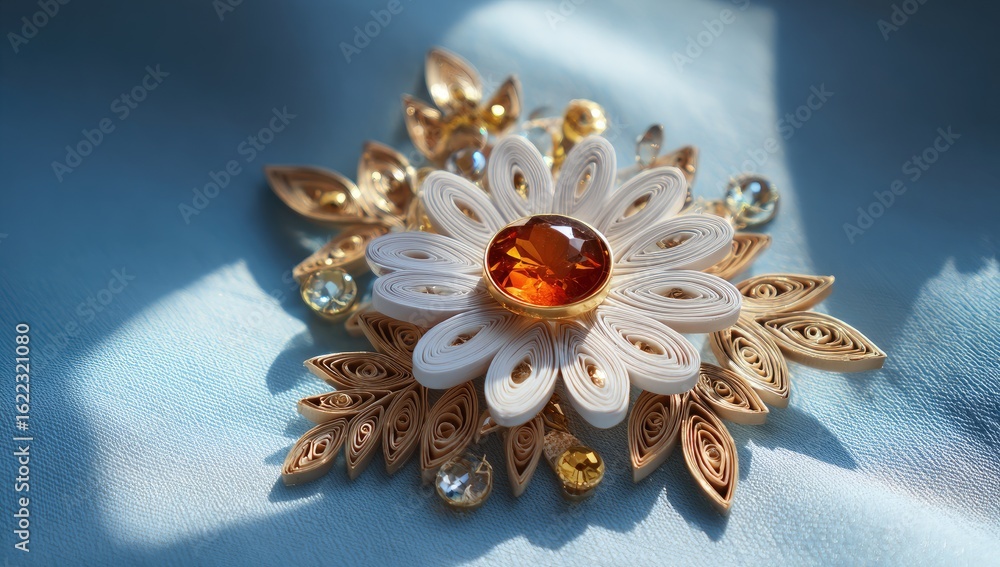 Naklejka premium Delicate, paper flower brooch, light beige and white, accented with amber gem and clear crystals