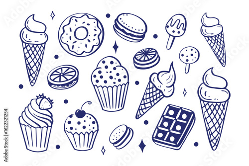 Delicious Dessert Collection: A delightful assortment of sketched desserts, from ice cream cones to cupcakes, creating a mouthwatering visual feast for any food lover.