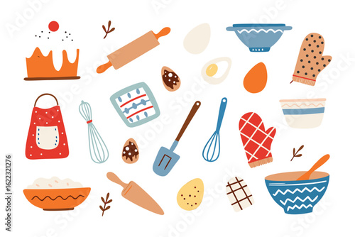 Baking Tools and Ingredients: A collection of essential baking tools and ingredients, rendered in a charming flat illustration style, perfect for illustrating culinary and lifestyle projects.