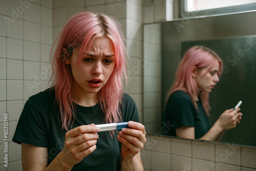 Teen girl with pink hair looking shocked by pregnancy test in bathroom, concept of back to school, 