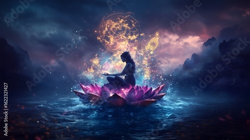 Photos Mystical female figure seated on a lotus flower, eyes closed in meditation surro