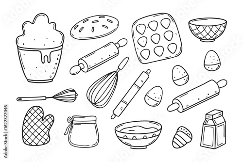 Baking Essentials: Charming monochrome illustration capturing the essence of baking, featuring a collection of essential tools and ingredients, perfect for food-related concepts.