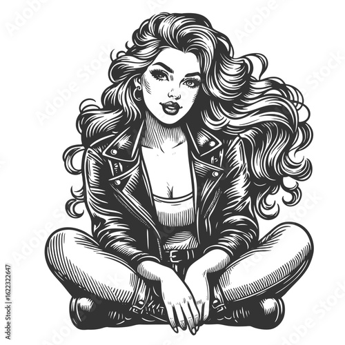 woman sitting cross-legged, wearing a leather jacket with flowing hair and attitude sketch engraving generative ai fictional character vector illustration. Scratch board. Black and white image.