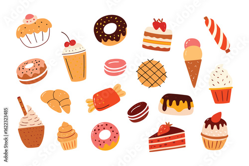 Delicious Delights: A colorful assortment of delectable treats, cakes, pastries, and sweets, tempting the eye with a feast of sugary goodness.