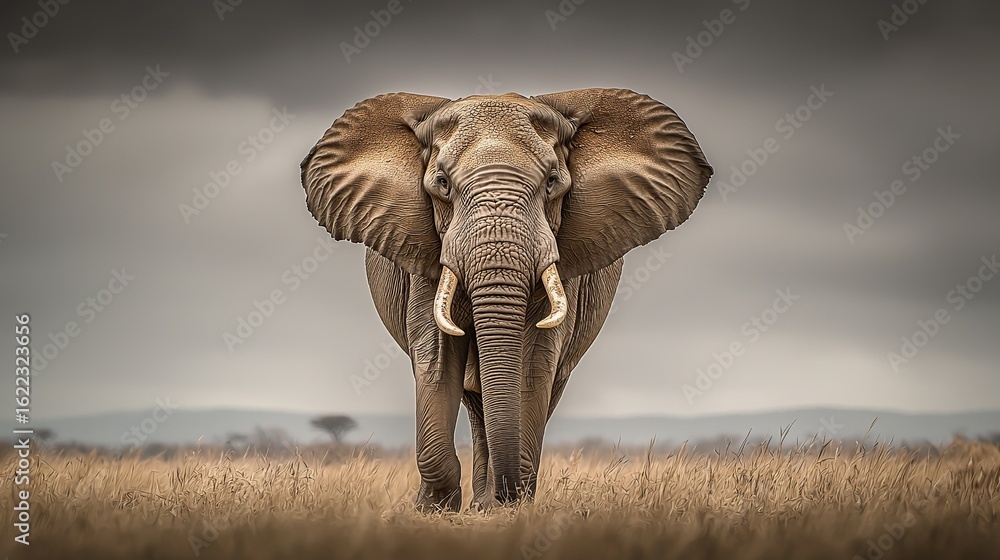 Fototapeta premium A large elephant with large ears and large tusks walks through the wild savanna
