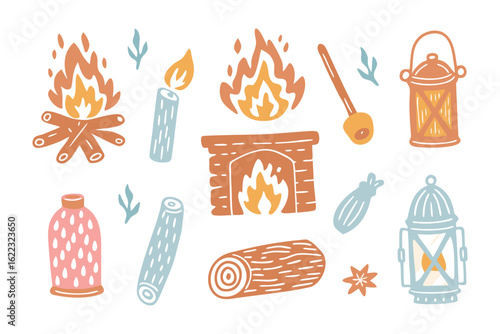 Cozy Comfort: Hand-drawn illustrations create a heartwarming scene, featuring flickering flames, crackling firewood, and classic lanterns.