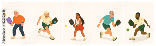 Hand-drawn set of diverse people playing pickleball with colorful paddles and balls