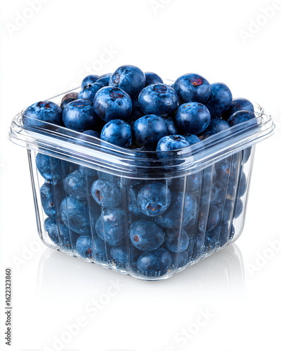 plastic container of blueberries with label, food product image on white
