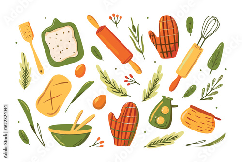 Baking Delights: A vibrant illustration showcases the essentials of baking, with colorful baking tools and ingredients, including rolling pins, oven mitts, eggs, and foliage.