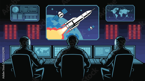 Launch Control: Three figures, diligently overseeing the intricate details of a rocket launch in a state-of-the-art mission control center.
