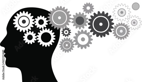 Brain gears: A conceptual image of a human head silhouette, with interconnected gears representing thought and the complexities of the mind, highlighting innovation and mental processes.