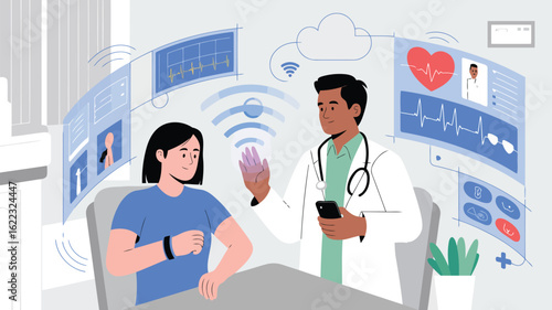 Healthcare Innovation: A doctor and patient engaged in remote health monitoring through advanced technology, epitomizing modern telehealth and personalized care. 
