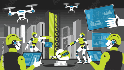 Digital City: A futuristic cityscape merges seamlessly with advanced technology, showcasing robots, drones, and digital interfaces, symbolizing a world of innovation and connectivity.