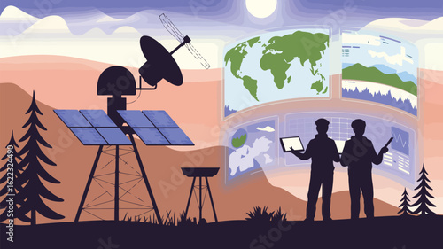 Illustrative Satellite Monitoring of the World: A thought-provoking illustration reveals the complexities of modern-day satellite technology used for global mapping, weather forecasting.