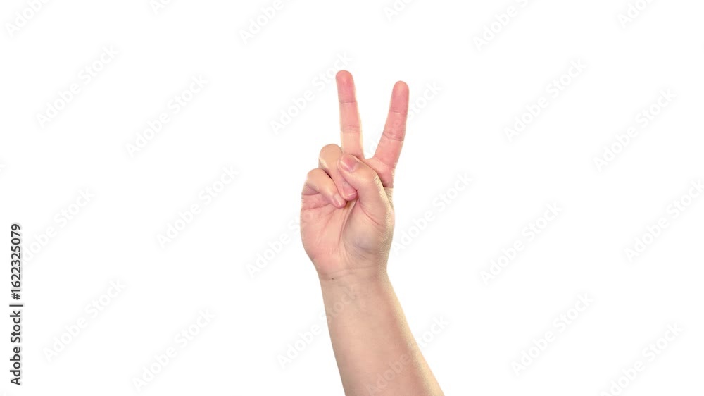 Hand sign of a male hand peace or victory in front of a white background Hand sign of a male hand peace or victory in front of a white background